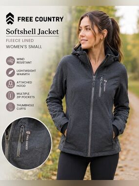 Free Country Gray Hooded Softshell Jacket Fleece Lined Women’s Small